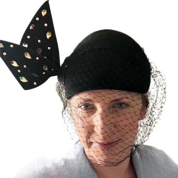 Vintage Merrimac Hat Corp Veil & Jewel Hat Wool USA 1940’s Derby main image 3